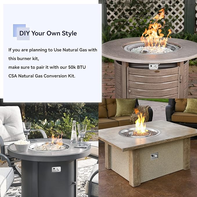 Skyflame 19" Round Stainless Steel Fire Pit Drop-in Burner Kit with CSA Certified, Flame Sensing, Electronic Spark Ignition, Propane Regulator Connector Hose Set for Propane Tank