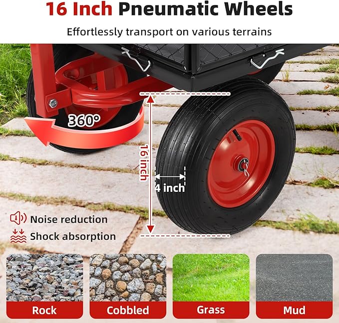 1400lbs Steel Garden Cart, Heavy Duty Yard & Garden Wagon w Removable Mesh Sides, Utility Metal Wagon Convert into Flatbed w 2-in-1 Rotating Handle, 16 inch All Terrain Wheels for Garden, Farm, Yard