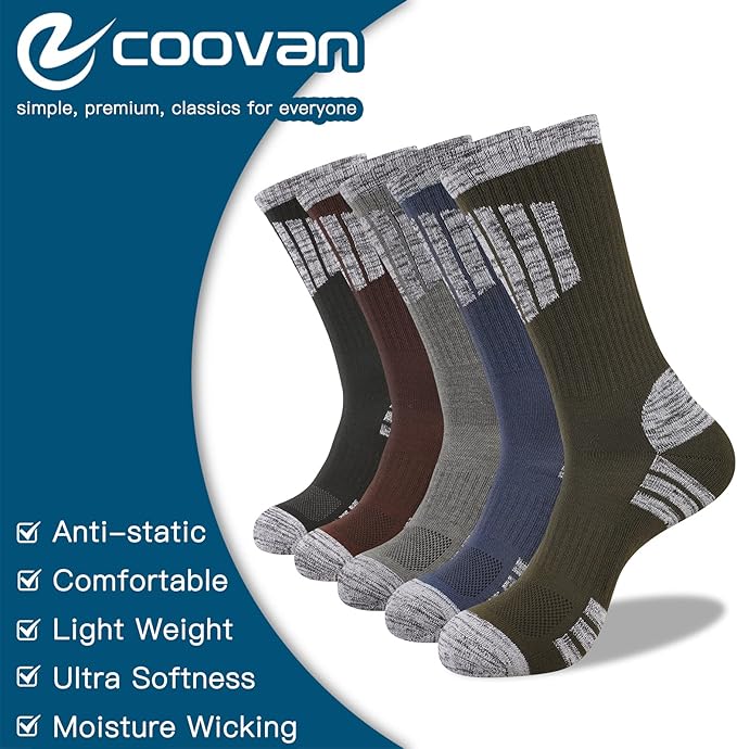 COOVAN Mens Hiking Crew Socks 5 Pairs Moisture Wicking Cushioned Athletic Boot Outdoor Socks