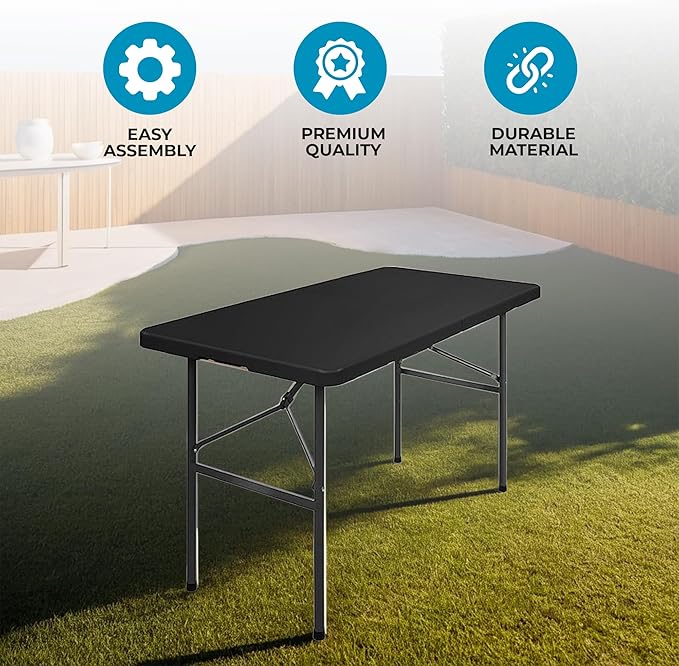 Simpli-Magic 4ft Portable Plastic Folding Table – 17% Thicker Than Others – Indoor & Outdoor Heavy-Duty Foldable Utility Table w/Handle for Party & Camping (Black)