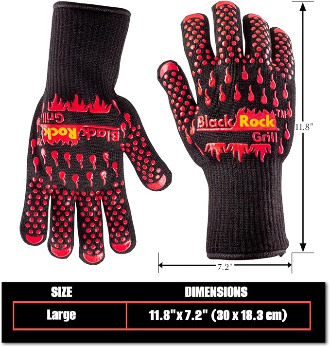 Black Rock Grill Fire & Heat Resistant Cooking Gloves 923F -30cm Silicone Safety Oven Mitts with Fingers- Gloves for Grilling, BBQ, Fireplace, Lava Stones, EN407,EN388, EN ISO 21420 Certified (Large)