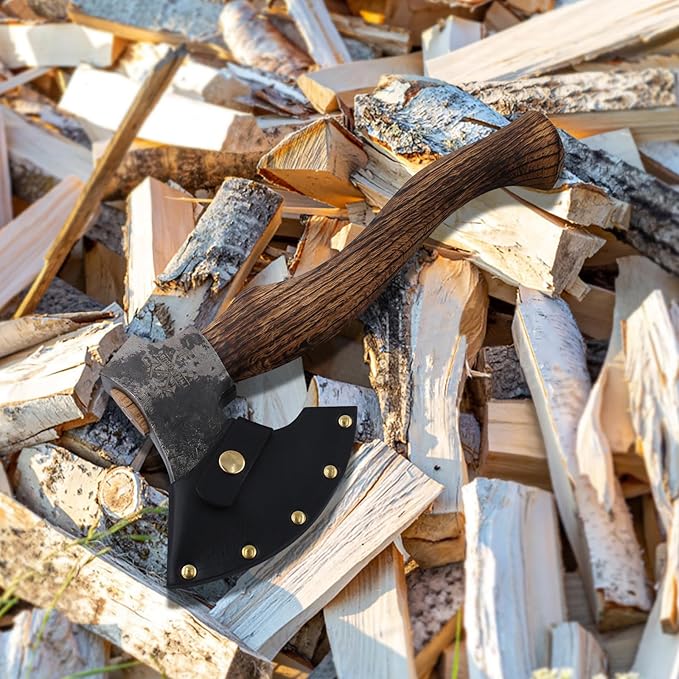 15.1" Hatchet, Camping Axe with 1065 Carbon Steel and Beech Handle, Hand Forged Bushcraft Axe with Leather Sheath for Camping and Survival