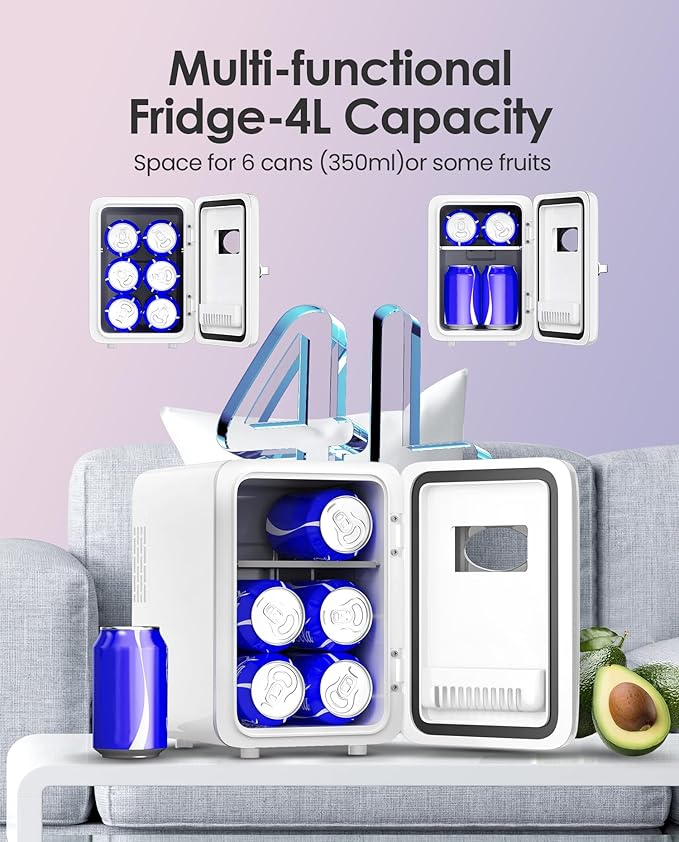 Skincare Fridge - 4L Makeup Fridge for Refrigerating Makeup, Skincare and Food, Mini Fridge for Bedroom, Office and Car, Cooler and Warmer, Beverage Cooler, Pearly White