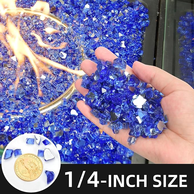10 Pounds Fire Glass 1/4 Inch High Reflective Tempered Firepit Glass Rocks for Fireplace, Fire Pit Table, Fire Bowl and Landscaping (Cobalt Blue)