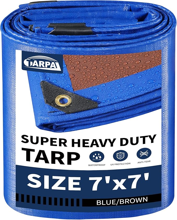 TARPAL 7x7ft Waterproof Small Tarp 16Mil Heavy Duty tarp with Metal Grommets Every 17.7" Multipurpose tarps Tear-Resistant UV Protection Cover for Roof,Pool,Car,Firewood,Outdoor Furniture (Blue/Brown)