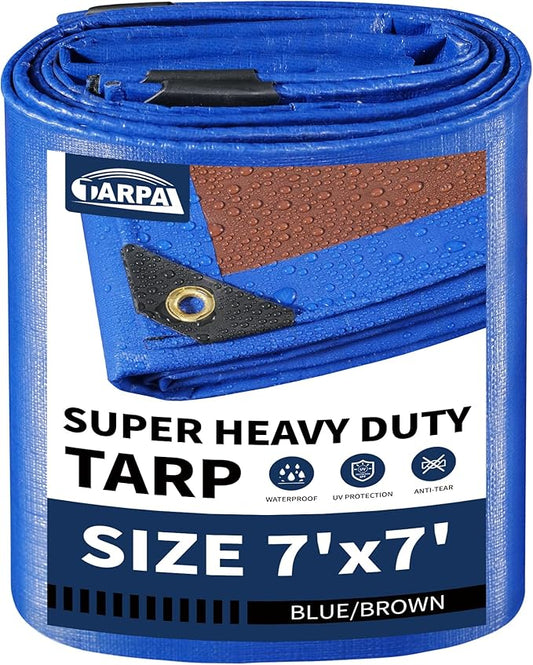 TARPAL 7x7ft Waterproof Small Tarp 16Mil Heavy Duty tarp with Metal Grommets Every 17.7" Multipurpose tarps Tear-Resistant UV Protection Cover for Roof,Pool,Car,Firewood,Outdoor Furniture (Blue/Brown)