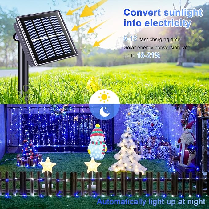 JMEXSUSS 200 LED Solar Rope Lights for Christmas Decor, 72ft IP 65 Outdoor Waterproof Christmas Rope Lights with 8 Modes, Blue and White Solar Christmas Lights for Fence Yard Walkway Christmas