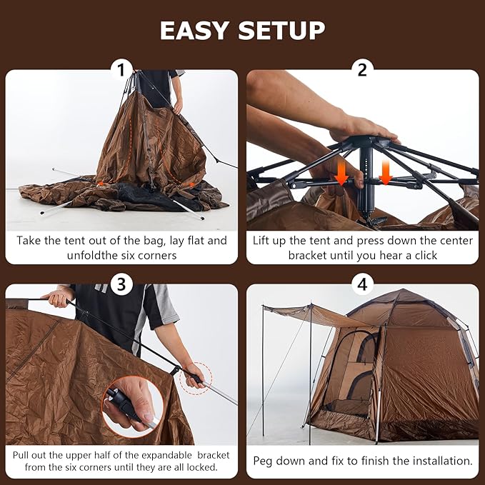 TUKAILAI Instant Camping Tent, Hexagonal Design Automatic Dome Tent with 4 Mesh Windows and 1 Door, Easy Setup Pop Up Tent with Vestibule & Rainfly