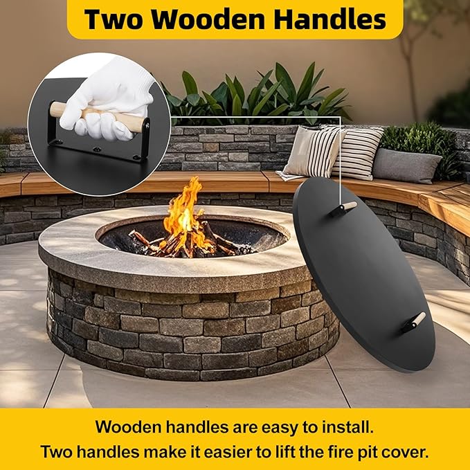 G GOOD GAIN Firepit Lid Round 38 Inch - Rust Resistant Fire Pit Lid Cover with Wooden Handle & Gloves, Fire Pit Snuffer Lid for Courtyards, Patio, Winter Cold Protection. Fits Fire Pits Up to 36"
