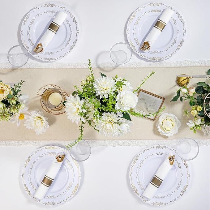 U-QE 175 Pieces Gold Plastic Plates and Napkins Party Supplies - White and Gold Dinnerware Set 25 Guest - 25 Dinner Plate, 25 Dessert Plates, 25 Per Rolled Napkins with Gold Cutlery, 25 Cups 9 OZ