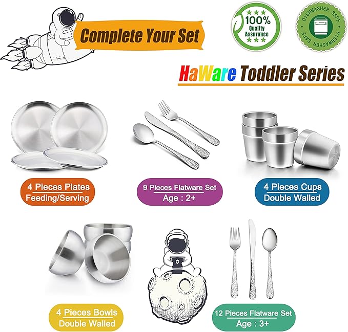 HaWare 6-Piece 18/8 Stainless Steel Plates, Metal 304 Dinner Dishes for Kids Toddlers Children, 9 Inch Feeding Serving Camping Plates, Reusable Dinnerware, Shatterproof & Non-toxic, Dishwasher Safe