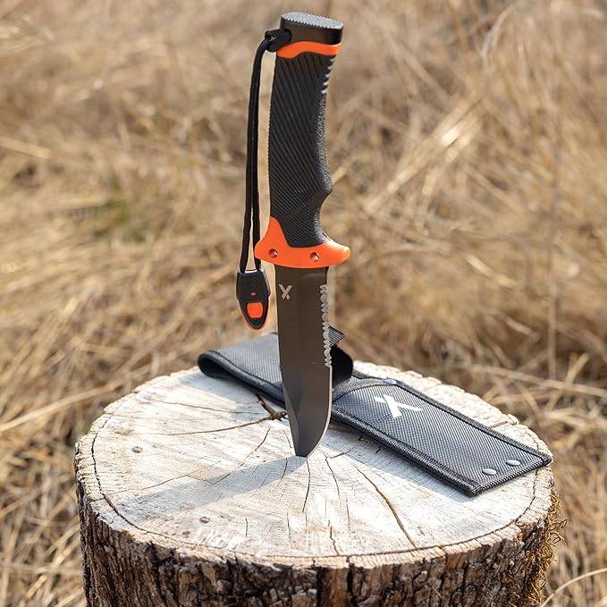 Ultimate Knife - Fixed Blade Knife, Full Tang with Serrated Edge, Fire Striking Edge, and Emergency Whistle, Includes Sheath - 4.75” Blade, Stainless Steel Blade, Black