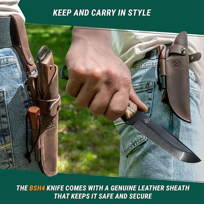 BeaverCraft Bushcraft Knife Full Tang 9.8" - Bush Knife with Fire Starter & Leather Sheath BSH4F - 5" Fixed Blade Carbon Steel - Camping Knives for Hiking, Survival, Outdoor