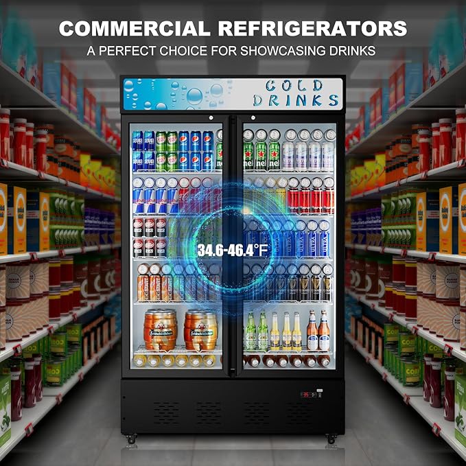 Commercial Glass Door Display Refrigerator 40 Cu.ft Cooler Commercial Display Beverage Refrigerators with LED Light and 10 Shelves for Cafe Restaurant Store Bar