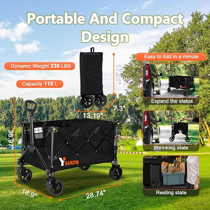 Collapsible Wagon Cart with Wheels Foldable, Folding Wagon Cart with All Terrain Wheel, Large Grocery Carts On Wheels, Heavy Duty Utility Wagons for Shopping Beach Sports Fishing Camping, 110L, Black