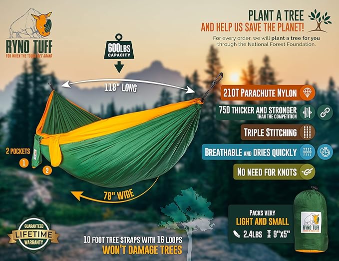 X-Large 2 Person Indoor Outdoor Camping Hammock - Compact Waterproof Double Hammock with Pocket, Tree Straps & Heavy Duty Carabiners - Parachute Grade Nylon Can Hold Over 600lbs of Weight