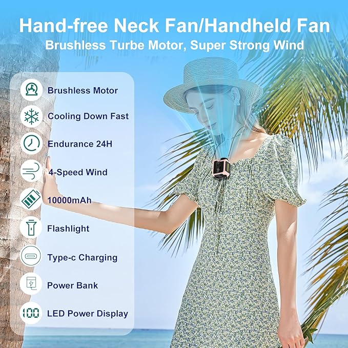 7-in-1 Multi-Use Portable Fan Hands Free Flashlight Etc,Christmas Gifts for Men Women,Turbo Powerful Cooling Personal Fan,10000mAh,24H Lasting,LED Display,Outdoor Travel Camping Fitness Gift (Pink)