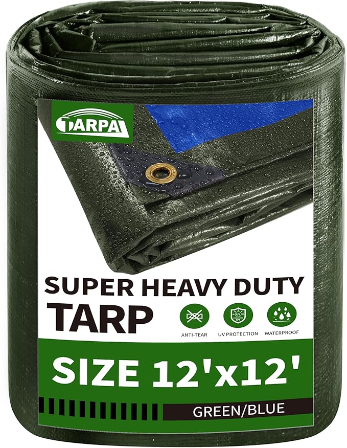 TARPAL 12x12 Tarp Heavy Duty Waterproof Tarp 16mil Thick Tarps with Metal Grommets Every 17.7" UV Protection&Tear -Resistant Cover for Firewood,Roof,Pool,Car,RV&Outdoor Furniture(Green/Blue)