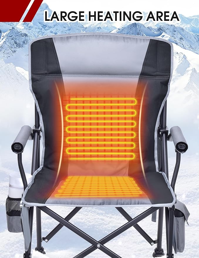 Heated Camping Chair for Adults, Heats Back and Seat, 3 Heat Levels, Fully Padded Heated Folding Chair for Outdoor Sports with Cup Holder, Rich Pockets, Battery NOT Included
