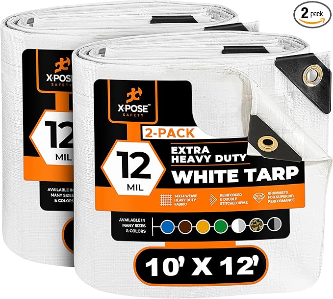 Heavy Duty White Poly Tarp 10' X 12' (2-Pack) - Multipurpose Protective Cover - Durable, Waterproof, Weather Proof, Rip and Tear Resistant - Extra Thick 12 Mil Polyethylene - by Xpose Safety