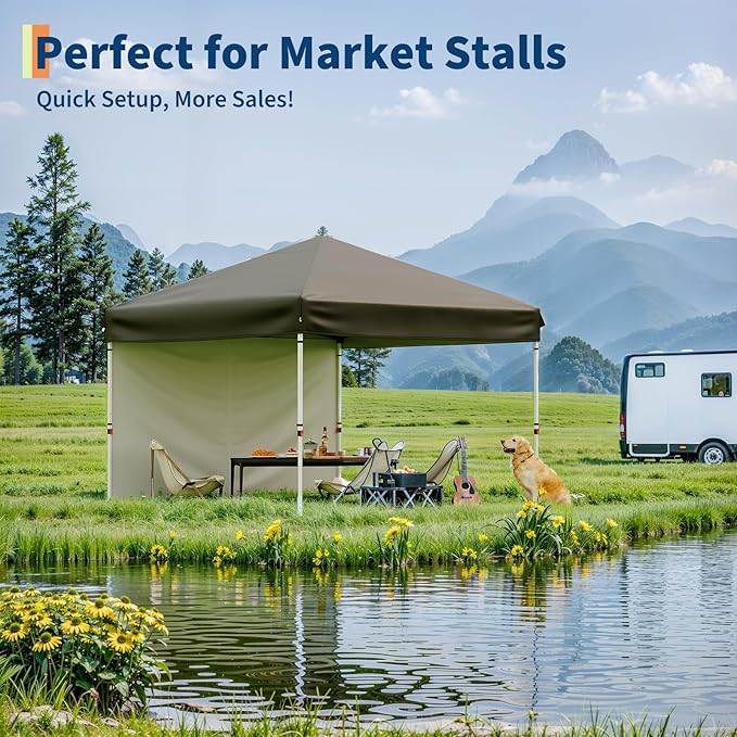 10x10 Pop Up Canopy Tent Outdoor Canopy with 1 Removable Sidewall One-Person Set Up Heavy Duty Commercial Instant Tent Shelter-Brown