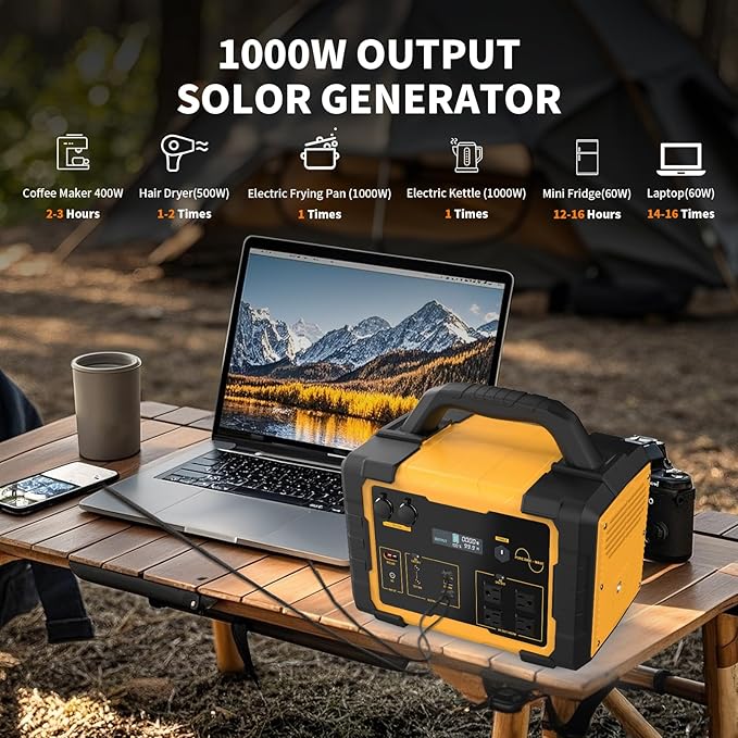 1000W Solar Generator Portable Power Station with 120V AC Outlet 1024Wh Powered Generator LiFePO4 (LFP) Battery for Camping Outdoor Hiking Home Emergency Backup Power Outages (Solar Panel Optional)