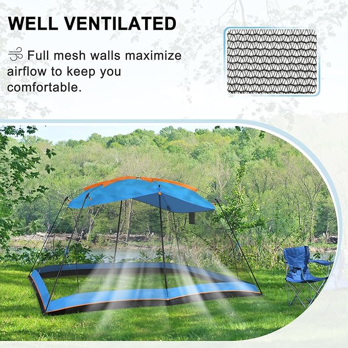 Hyper Venture Screen House 13x9 FT 4 Mesh Walls Canopy Tent Camping Gazebo Shelter for 6-8 People Outdoor Party Activities, Blue