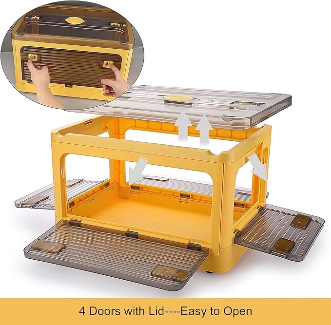 Folding Storage Bins, 28 Liters, 2 Pcs Yellow Plastic Storage Containers with Wheels, Four Doors, Foldable, Stackable, Plastic Box with Lids for Organization, Storage Cart