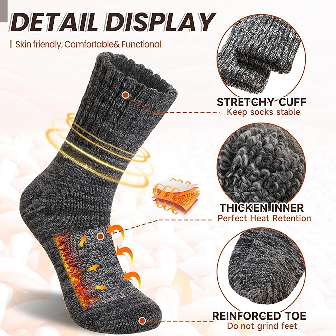 Eyean Merino Wool Socks Thermal Winter Ski Warm Thick Cozy Boot Hiking Socks for Women Men 3 Pairs