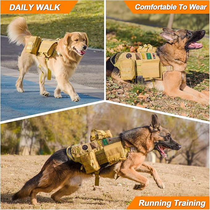 AIWAI Tactical Dog Harness with Pouches,Dog Vest Harness for Large Medium Dogs No-Pull Adjustable Military Dog Harness with Handle Walking Hiking Training (Khaki, S)