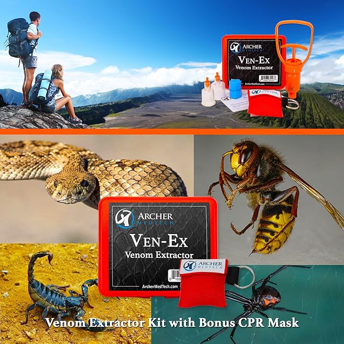 Archer MedTech Ven‑Ex Snake Bite & Bee Sting Kit – Portable Venom Extractor Pump with 2 Suction Cups, Tourniquet & Bonus Key‑chain CPR Face Shield – Compact First Aid for Hiking, Camping & Backpacking