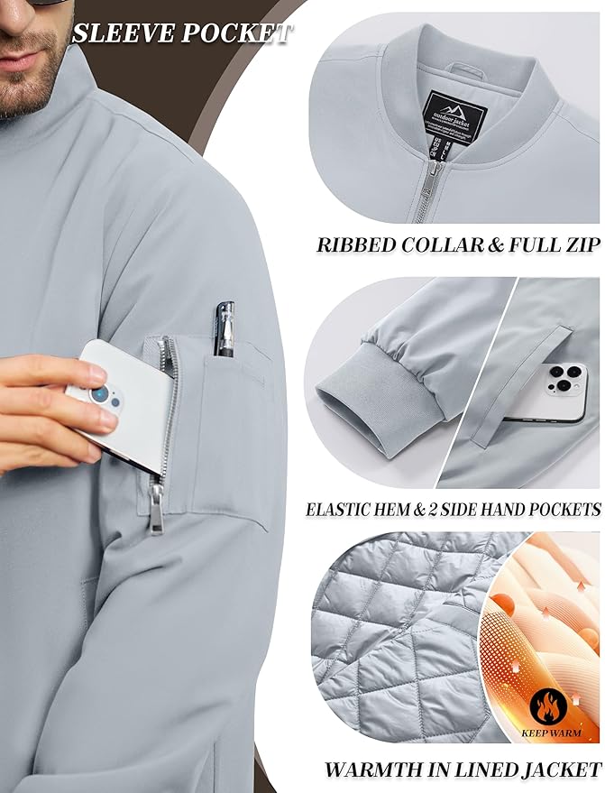 Cotrasen Mens Bomber Jacket Fall Winter Warm Windbreaker Casual Full Zip Padded Coats with Pockets