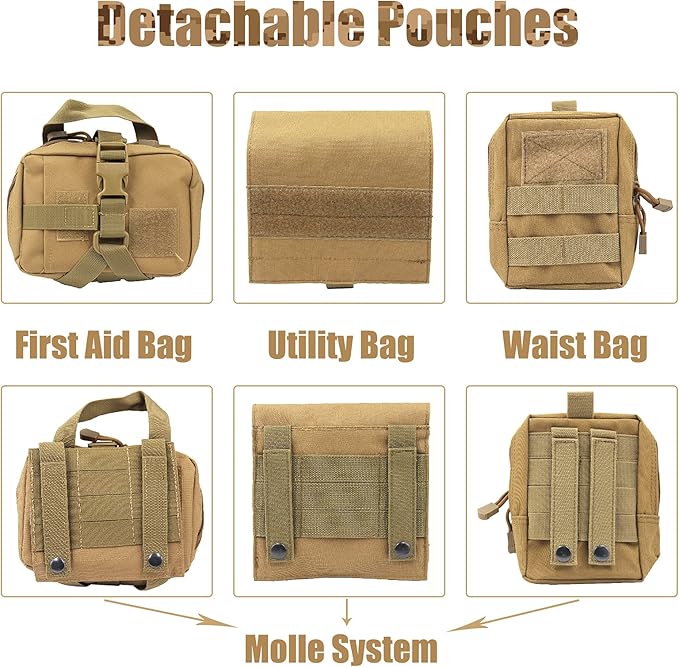 AIWAI Tactical Dog Harness with Pouches,Dog Vest Harness for Large Medium Dogs No-Pull Adjustable Military Dog Harness with Handle Walking Hiking Training (Khaki, S)