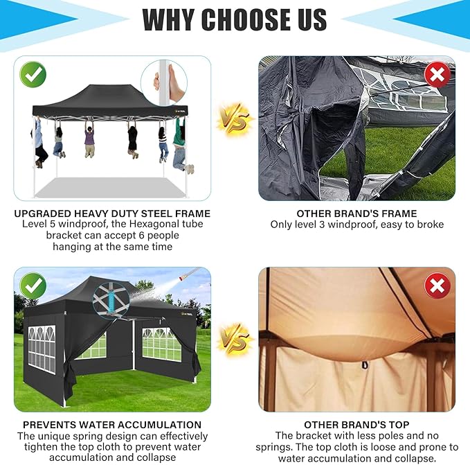 HOTEEL 10x15 Heavy Duty Pop Up Canopy Tent for Parties Event Wedding Commercial Instant Canopy Portable Shelter Folding with Roller Bag, Waterproof UV Resistant, Upgraded Thick Hexagonal Legs, Black