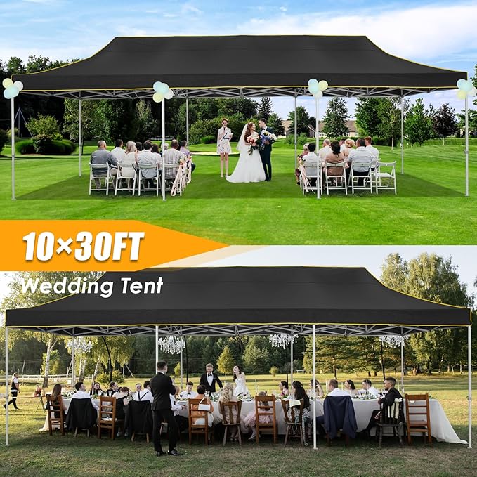 HOTEEL 10x30 Heavy Duty Pop Up Canopy Tent for Parties Event Wedding Commercial Instant Canopy with Wheeled Bag, Party Tent Waterproof UV 50+&Windproof, Upgraded Thick Hexagonal Legs, Black