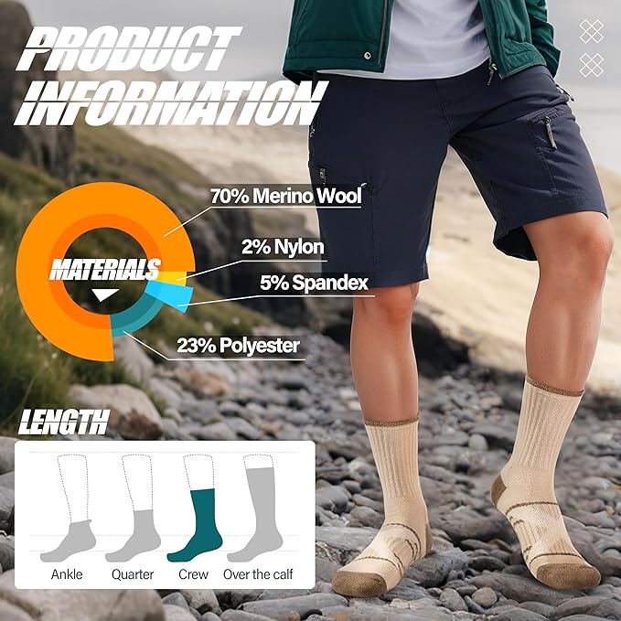 ANTSANG 5 Pairs Merino Wool Hiking Socks for Men & Women Thermal Winter Warm Moisture Wicking Cushion Boot Socks