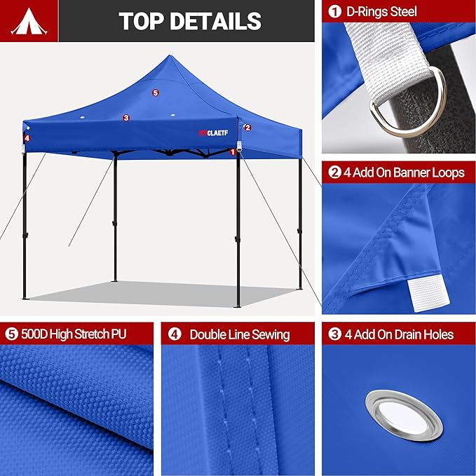 10x10 Canopy Replacement Top for Pop Up Canopy Tent - 4 Drainage Holes,10x10ft Canopy top Suitable for Most of The Standard Canopy(top only) (Blue)