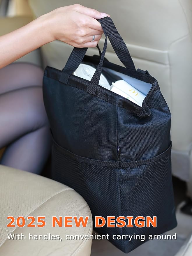 Ginsco New Leak-Proof Travel Car Trash Bag, 3.5 Gallons Large Capacity Hanging Car Trash Can with Hook and Loop Lid and Handle, Multipurpose Trash Bin with Storage Pockets for SUV RV Camping (Black)