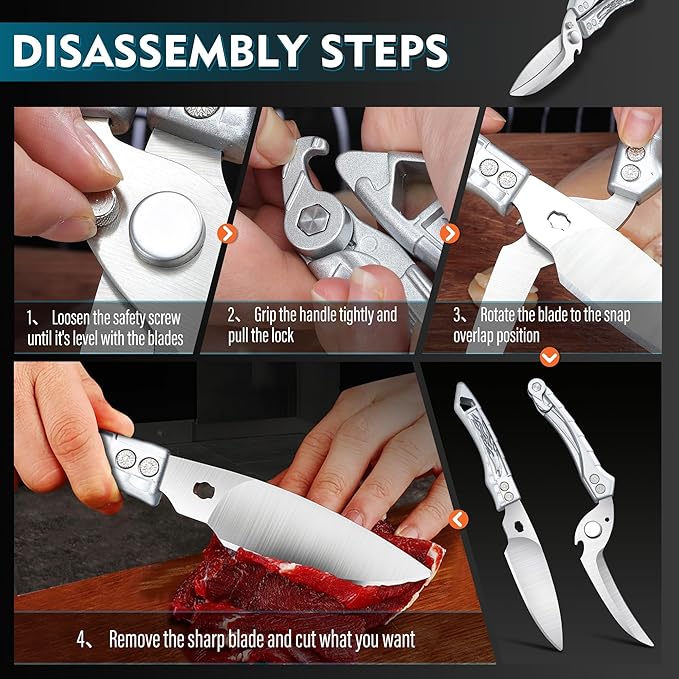 Dream Reach Kitchen Poultry Shears - Heavy Duty Detachable Meat Cutting Scissors with Serrated Edge Cooking Scissors for Thanksgiving Silver