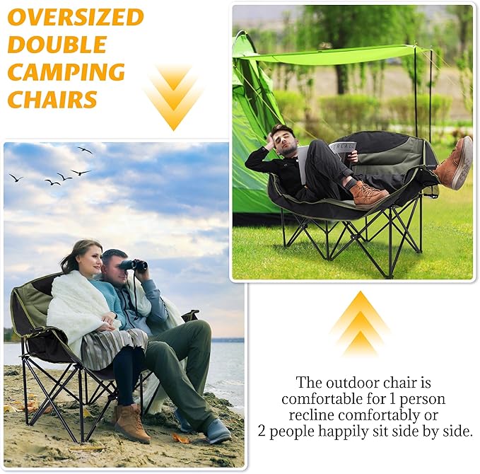 UBALANCE Double Camping Chair - Oversized Two Person Camp Chair with 650 lb. Load Capacity - Army Green - Ideal Camping Gear for Outdoor Adventures