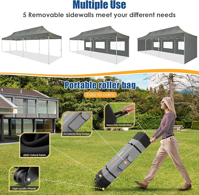 HOTEEL 10x30 Pop up Canopy Tent for Parties, Heavy Duty Easy Setup Tent with 5 Sidewalls, Outdoor Commercial Instant Gazebo for Wedding Event, with Roller Bag & Sand Bags, Grey(Hexagonal Frame)
