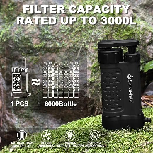SurviMate Water Purifier Survival Pump,0.01 Micron 5-Stage Water Purifier System,Hand Pump Water Filter Portable Outdoor Emergency,Camping, Hiking, Backpacking