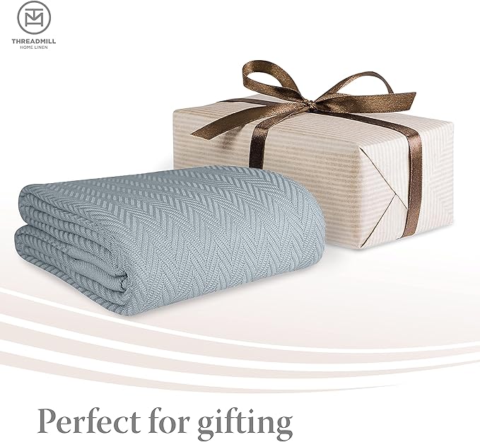 Threadmill Luxury Cotton Blankets for Queen Size Bed | All-Season 100% Cotton Queen Size Blanket | Herringbone Cozy, Soft Breathable Fall Thermal Blanket fits Full Size Bed | Vanilla Cream
