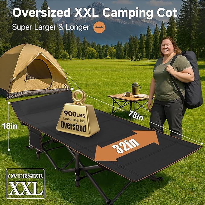 Slsy Oversized XXL Folding Camping Cot for Adults with Pad, Padded Portable Sleeping Cots, Camp Bed with Carry Bag for Outdoor Travel, Beach, Hiking