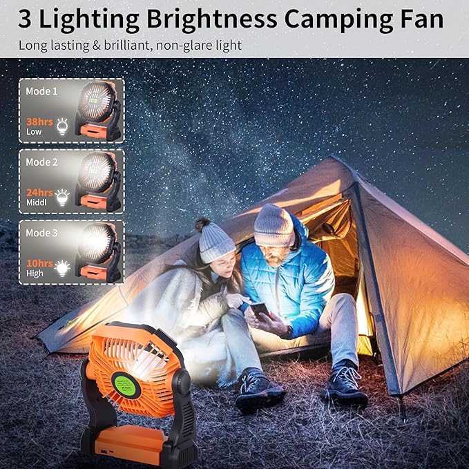 Portable Fan Battery Powered Fan Rechargeable,270°Pivot Battery Operated Camping Fans with LED Light & Hook,USB Personal Rechargeable Outdoor Camping for Tent, Travel