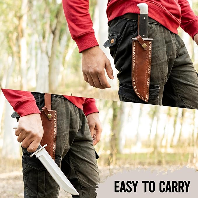 D2 13 Inch Full Tang Fixed Blade Bowie Knife with Leather Sheath - Suitable for Outdoor, Bushcraft, Survival, and Camping Knife with Black Micarta Handle