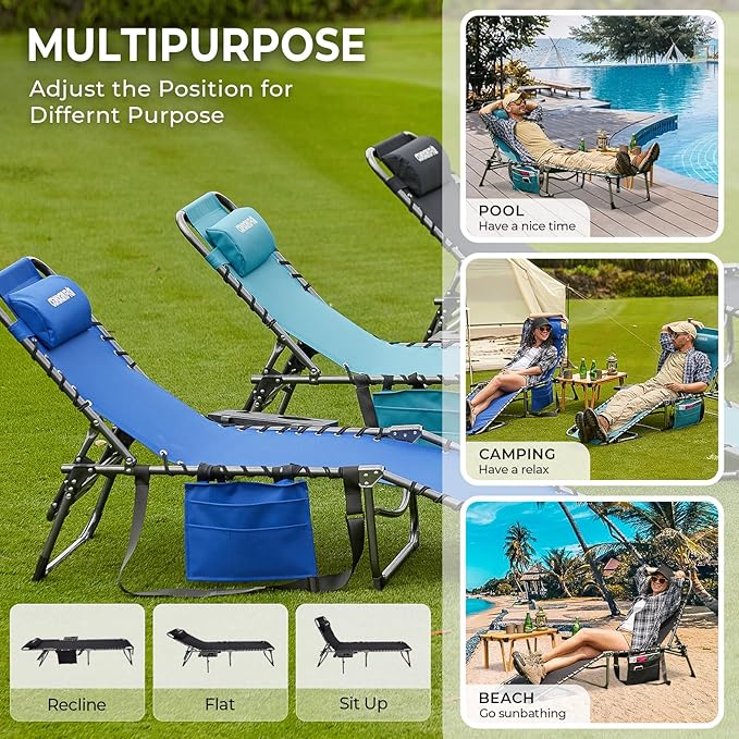 FUNDANGO Folding Chaise Lounge Chair with Soft Pad & Side Table for Outside, Patio, Beach, Sunbathing, Adjustable 5 Position Portable Camping Reclining Chair with Pillow