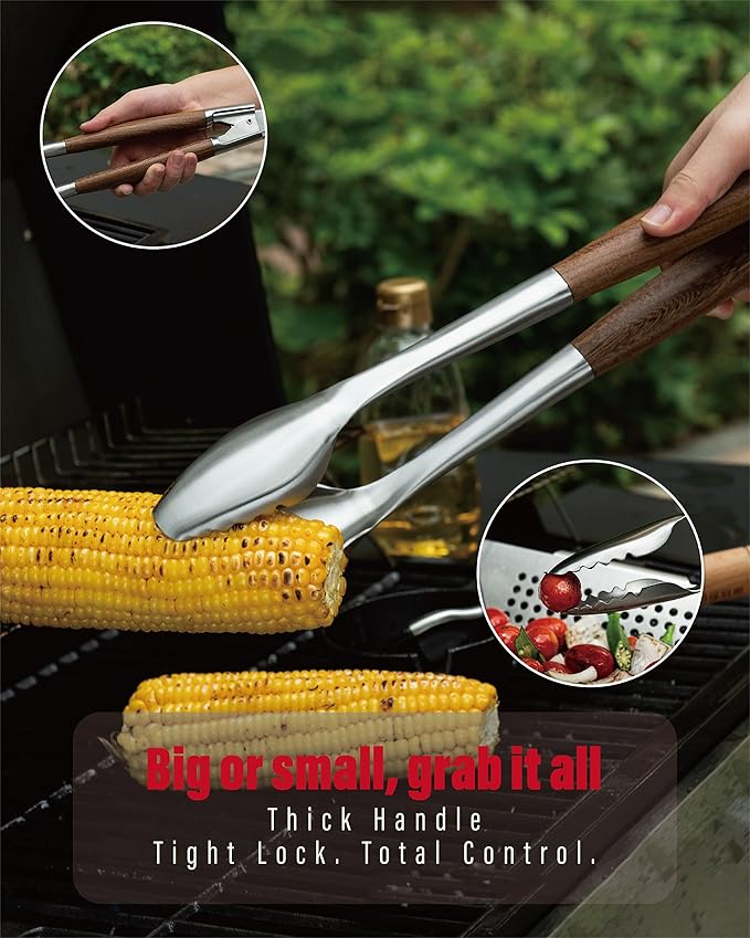 Heavy-Duty Dikela Wooden BBQ Grilling Tools Set. Extra Thick Stainless Steel Multi-Function Spatula, Fork & Tongs | Essential Accessories for Barbecue & Grill. Ideal Gift for Father