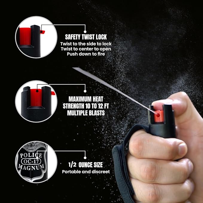 Police Magnum Pepper Spray Runner Safety Gear Bundle kit- Made in The USA- 2 Pack 1/2oz Black Joggers- 2 Pack 3/4oz Twist Locks