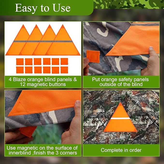 Blaze Orange Safety Panel, 4Pcs Triangle Magnetic Hunting Safety Panel with Reflective Strips 12 Magnetic Buttons 1 Storage Bag Hunting Blind Accessories for Outdoor Hunting Blind Tents